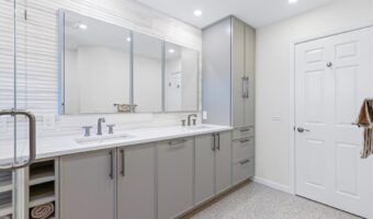 Modern bathroom vanity with ample storage and sleek design, ideal for home renovation projects.