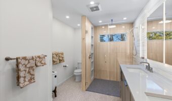 Bright modern bathroom with walk-in shower, white vanity, and natural light, showcasing contemporary.