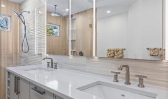 Modern bathroom vanity with dual sinks, large mirror, and contemporary fixtures in a stylish home re.