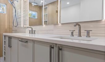Modern bathroom vanity with double sinks, sleek cabinetry, and large mirror for contemporary home re.